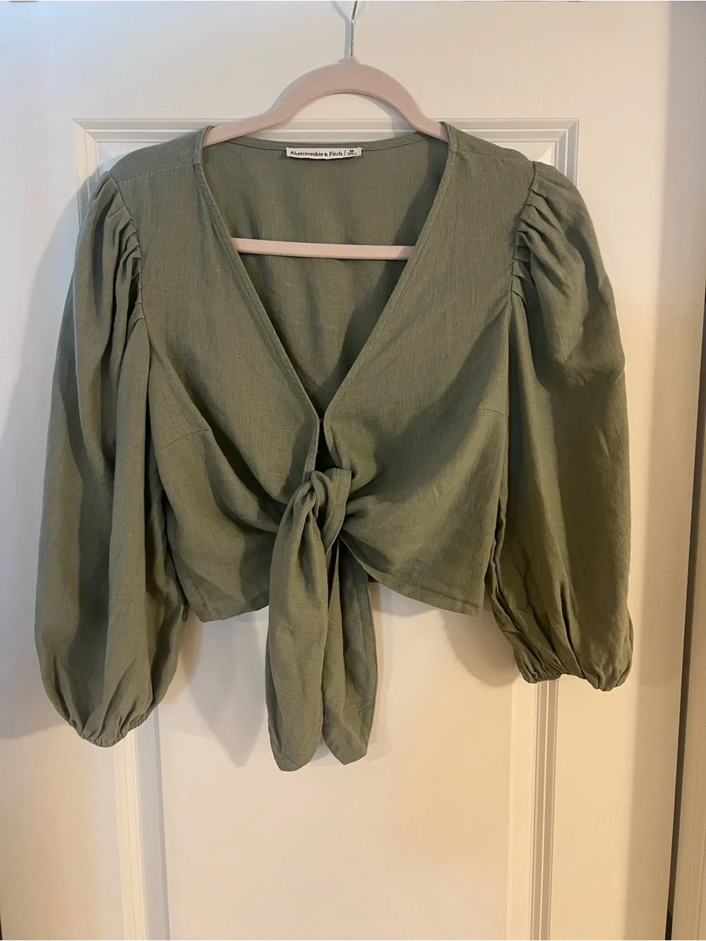 Abercrombie & Fitch Olive Green Tie-Front Puff Sleeve Top